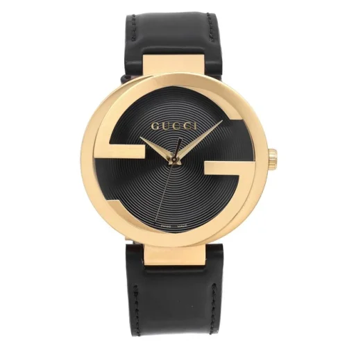 Gucci Interlocking 42mm Gold Tone Steel Black DIal Quartz Mens Watch YA133212