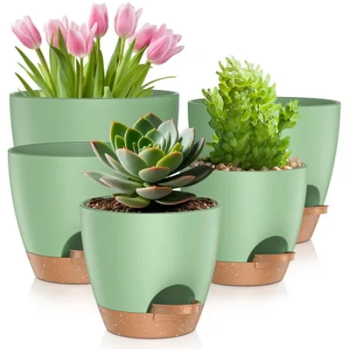 5 Pack Self Watering Plant Pots, Plastic Planters with Drainage Holes and Saucers, Flower Pots for Indoor Outdoor Garden Plants, 7/6.5/6/5.5/5 Inch（Green）