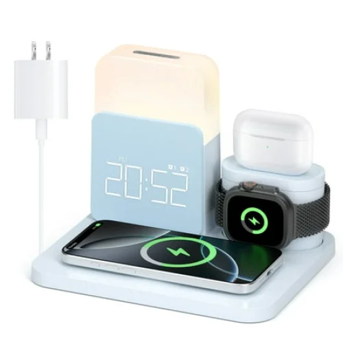 Wireless Charging Station 7 in 1 for iPhone 16/15/14/13/12 Pro Max, Apple Watch & AirPods with Mag-Safe, Alarm Clock, Night Light Blue