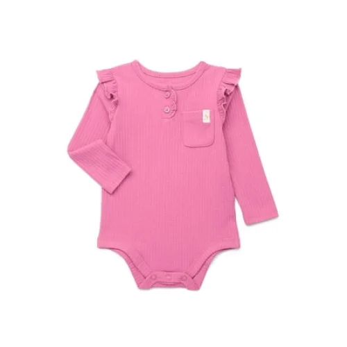 2 Garanimals Baby Girl Henley Bodysuit with Front Pocket and Long Sleeves, Sizes 0-24 Months