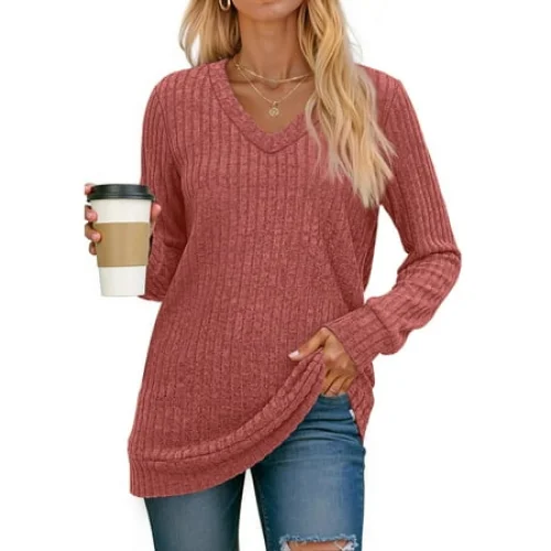 Fantaslook V Neck Long Sleeve Shirts for Women Dressy Casual Fall Tops Lightweight Tunic Pullover