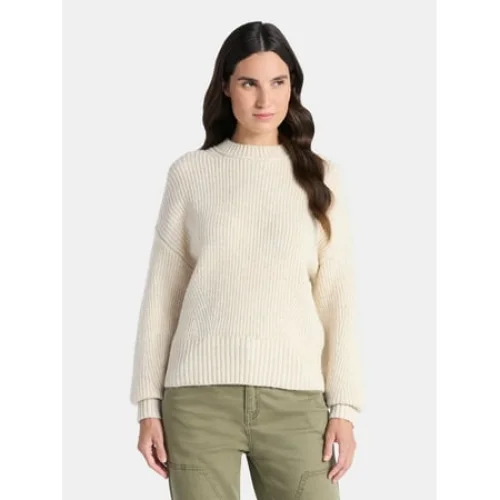 Time and Tru Women's Shaker Stitch Mock Neck Sweater, Midweight, Sizes XS-XXXL
