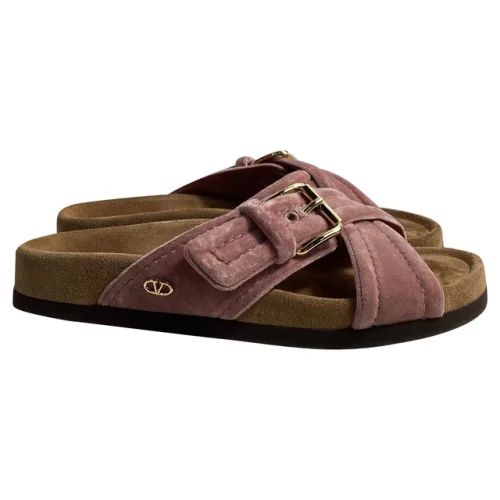 Valentino Garavani Cross Strap Slip-On Flats In Pink Velvet Women Pink Size 37.5