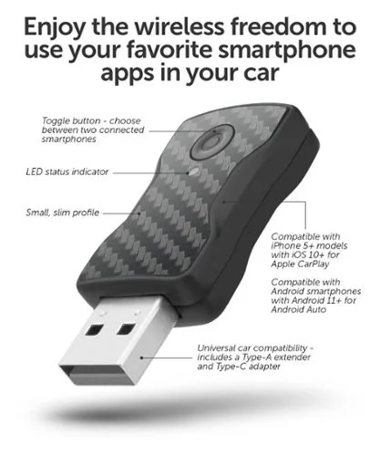 Aluratek Apple CarPlay and Android Auto Combo Wireless Car Adapter - Black