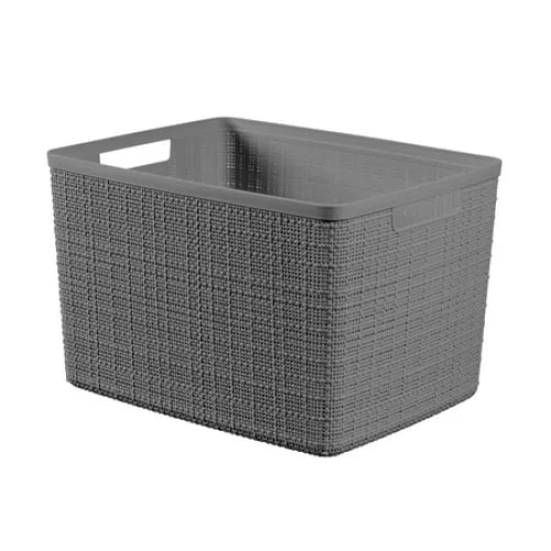 Curver Jute Large Gray Plastic Decorative Storage Basket, 14 in x 11 in x 9 in