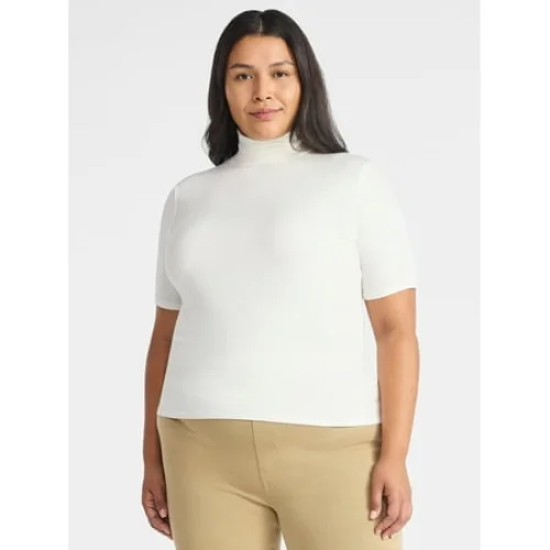 Time and Tru Women's Rib Turtleneck Top with Short Sleeves, Sizes XS-XXXL