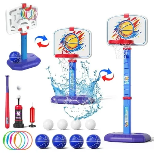 WonderStone 3 in 1 Basketball Hoop, Adjustable Height Mini Poolside Toddler Basketball Hoop with T Ball Set, Indoor Outdoor Toys for Kids Boys Girls 1-3 3-5, Blue