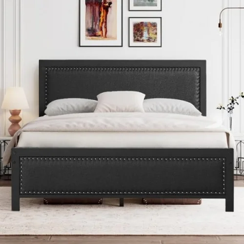 VECELO Metal Bed Frame with Linen Upholstered Headboard, Platform Bed with 12.6 in. Under Bed Storage and Nailhead Black Queen Bed Frame