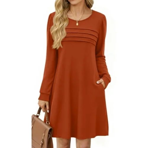 Fantaslook Pleated Long Sleeve Dresses for Women Fashion Fall Dresses Casual Dress with Pockets