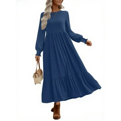 UVN Fall Long Dress for Women Crewneck Casual Long Sleeve Pleated Dresses with Pockets