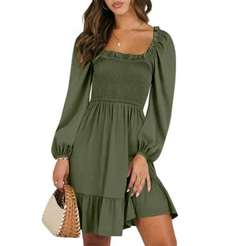 UVN Dresses for Women Casual Long Sleeve Square Neck Dress Ruffle Pleated Flowy Midi Dress