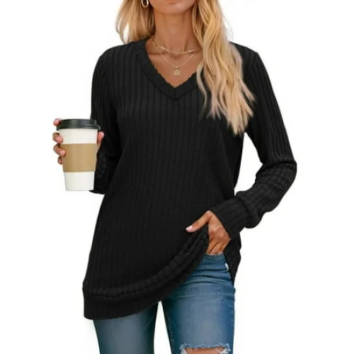 Fantaslook V Neck Long Sleeve Shirts for Women Dressy Casual Fall Tops Lightweight Tunic Pullover Fashion Clothes