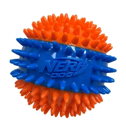Nerf Dog Squeaky Dental Spike Ball Dog Toy, Orange/Blue, 2.7 inch