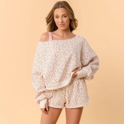 Blogilates Women's Dance Studio Off the Shoulder Sweatshirt - Cream Floral L