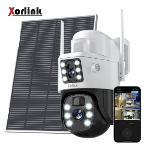 Xorlink 4K/8MP Solar Security Camera, 360&deg; View Wireless Outdoor Camera, Waterproof PIR Detection, Rechargeable Battery Powered Home Dual Lens Surveillance Camera with Color Night Vision 2-Way Audio