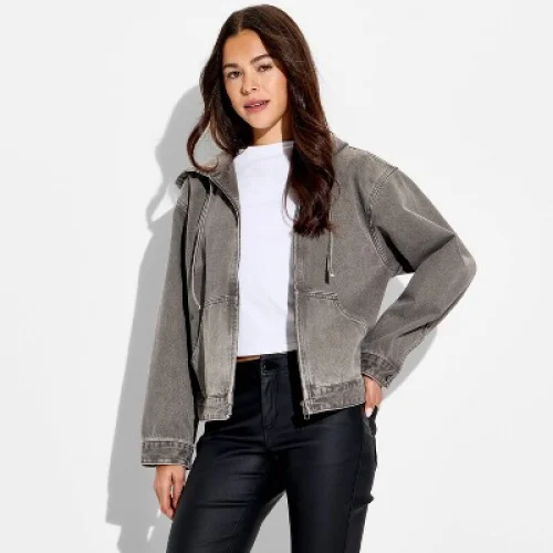 Women's Hooded Zip-Up Denim Jacket - Wild Fable&trade; Gray Wash M