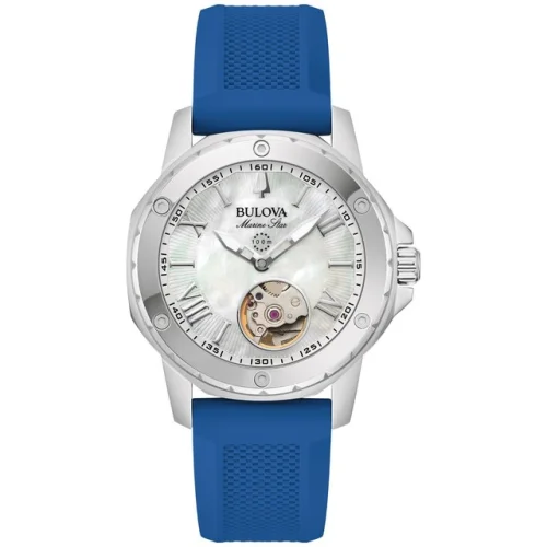 Bulova Women's Marine Star Automatic Skeleton Blue Silicon Watch 35 MM 96L324