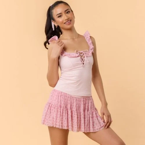 Blogilates Women's Ruffle Lace Up Tank Top - Pink Gingham XS