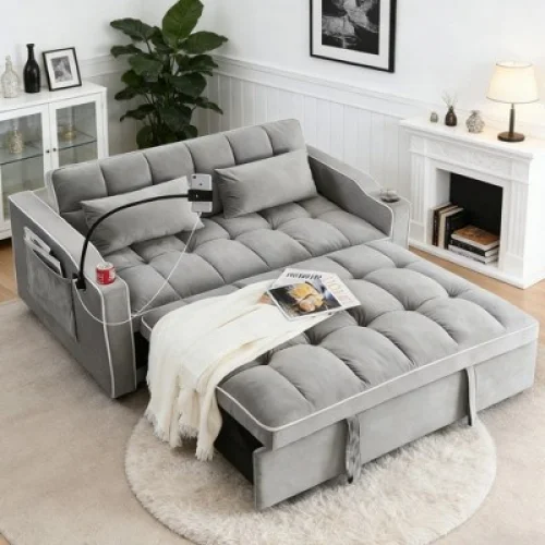 3 in 1 Convertible Pull Out Couch, 55" Sleeper Sofa Bed with Side Pockets, Adjustable Backrest,USB Charging, Removable Pillows