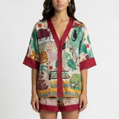 Anna-Kaci Lounge Women's Animal Print Pajama Set with Short Sleeves Button-Up Top and Contrast Trim Shorts - X Large, Red