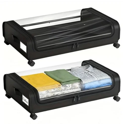 TAIMASI 2-Pack Under Bed Storage with Wheels, Under the Bed Storage Containers with Clear Lids & Label, Underbed Storage Bins for Clothes, Shoes - Black