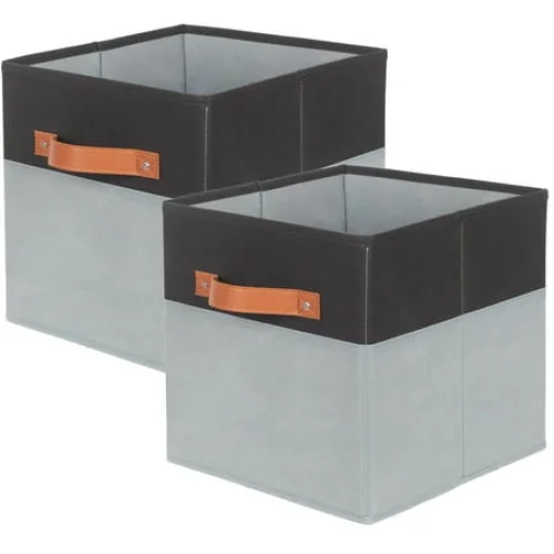 PinkSheep Collapsible Cube Storage Bins, Foldable Fabric Storage Cubes Organizer Basket Bin with Handles (10.5" x 10.5"), 2 Pack, Black Gray