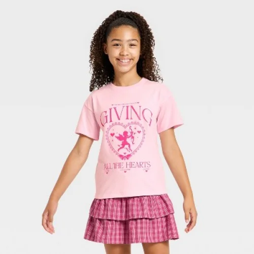 Girls' Short Sleeve Valentine's Day 'Candy Hearts' Oversized Graphic T-Shirt - Cat & Jack&trade; Pink M