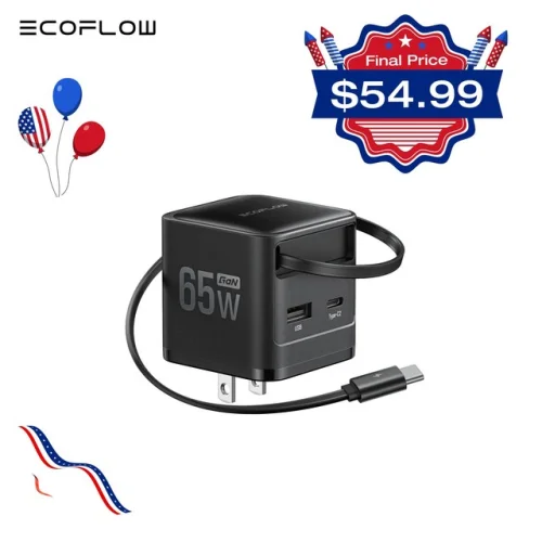 EcoFlow 65W USB-C Charger with Retractable Cable 3-in-1 Fast Charger Compatible