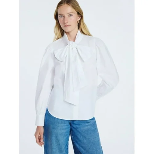Free Assembly Women's Cotton Tie Neck Blouse with Long Puff Sleeves, Sizes XS-XXL