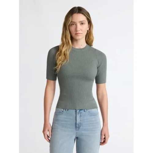 Scoop Women's and Women's Plus Rib Knit Sweater with Elbow Length Sleeves, Lightweight, Sizes XS-4X