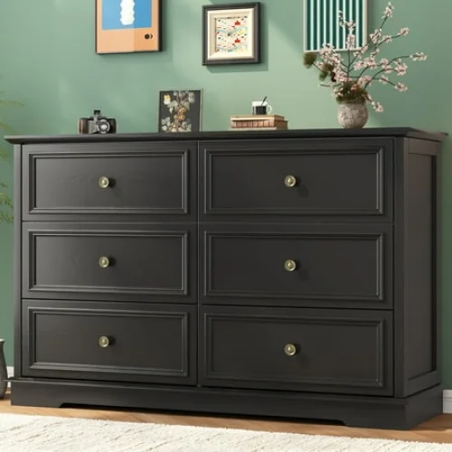 6 Drawer Dresser for Bedroom, 50.4" * 15.7" * 35.8" Retro Style Chest of Drawers, Wood Storage Double Dresser with Deep Drawers for Living Room, Hallway Entryway, Black
