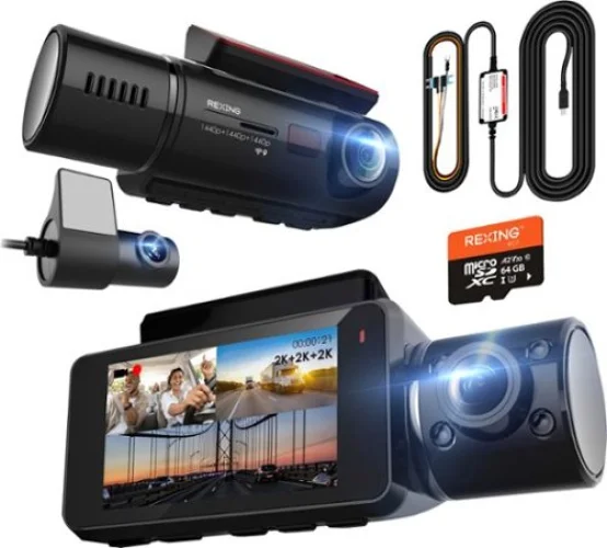 Rexing - V33 3 Channel 1440p+1440p+1440p Resolution Dashcam with Front, Cabin and rear camera, GPS, Mobile App, Parking Monitor - Black