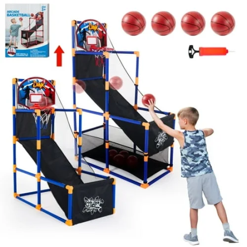 Joyfy Arcade Basketball Game for Kids, Adjustable Height 44-55", with 4 Balls, Blue Indoor Hoop Set