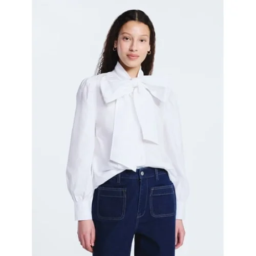 Free Assembly Women's Cotton Tie Neck Blouse with Long Puff Sleeves, Sizes XS-XXL