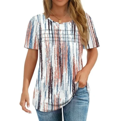 Fantaslook Women Blouses Dressy Casual Summer Short Sleeve Shirts Crew Neck Pleated Tunic Tops