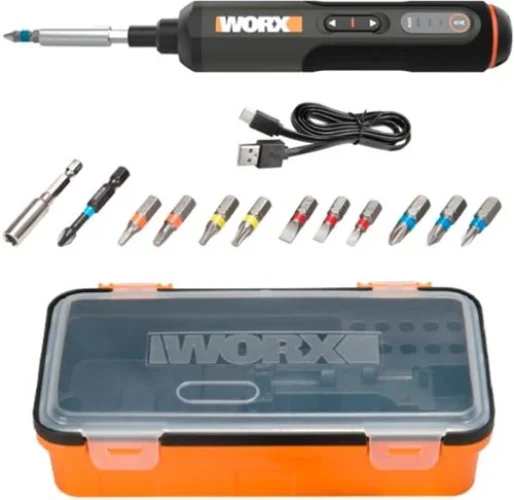 WORX - 4V 3-Speed Compact Screwdriver with 12 Accessory Bits, Dual LED Lights, and 3 Gear Torque - Black