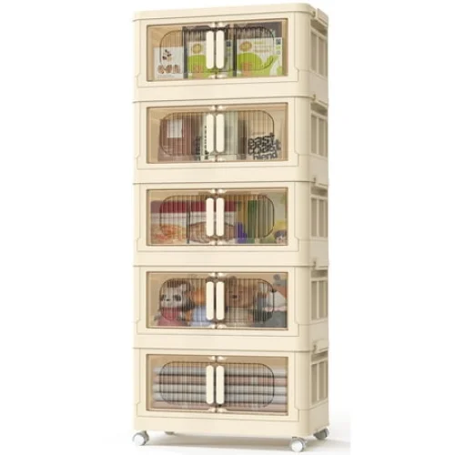 TNTANTS 5 Tiers Stackable Storage Bins with Wheels, Magnetic Dual Open Collapsible Storage Container with Lids, 125QT Folding Storage Box Bins for Closet Organizers, Home and Office, Beige