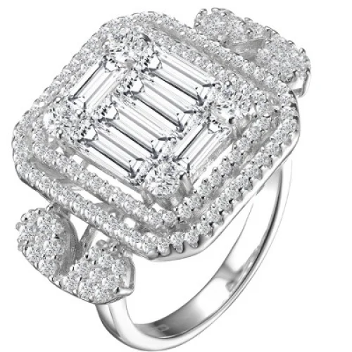 Guili Sterling Silver Rhodium-Plated Baguette and Round Cubic Zirconia Double Halo Cluster Ring, Elegant Design, Ideal for Special Occasions, Size 8