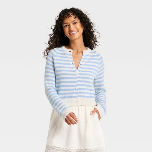 Women's Crewneck Cotton Cardigan - Universal Thread&trade; Blue Striped M