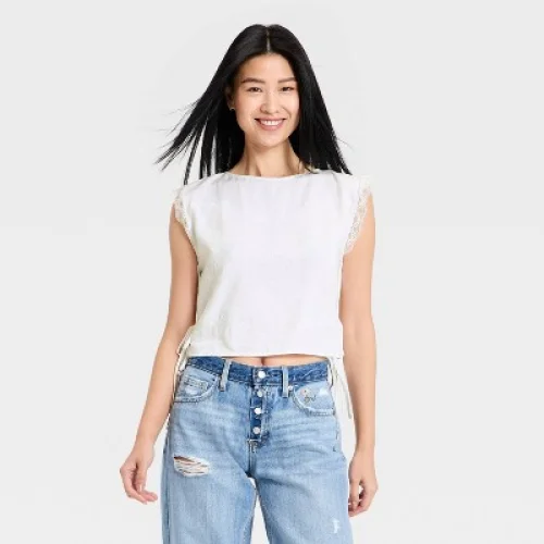 Women's Western Short Sleeve Embroidered Tie Top Blouse - Universal Thread&trade; White S