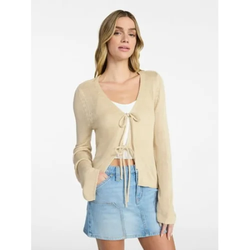 No Boundaries Tie Front V-Neck Cardigan with Bell Sleeves, Women's & Women's Plus XXS-4X