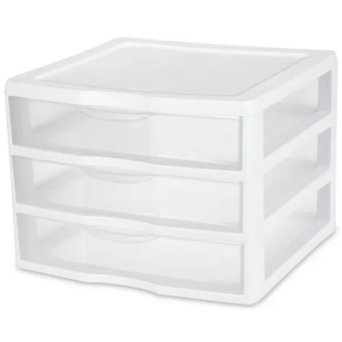 Sterilite Wide 3 Drawer Unit, Clear Plastic Countertop or Desktop Drawers, White