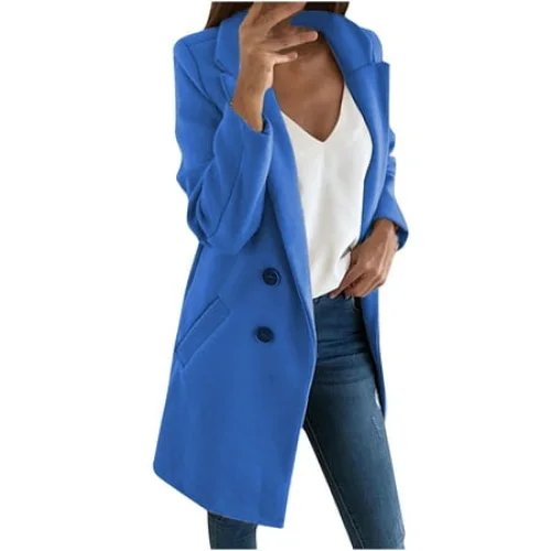 BVnarty Women's Business Fashion Long Sleeve Office Coat Cardigans Suit Collar Long Solid Color Pocket Buttons Jacket for Autumn Blue M