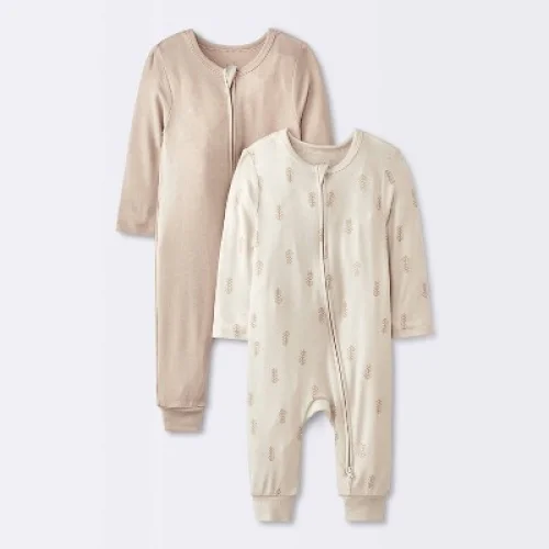 Baby 2pk Leaf So Very Soft Modal Blend Romper - Cloud Island&trade; Cream 6-9M: Solid & Shapes, Long Sleeve, Ankle Length