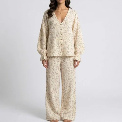 Anna-Kaci Women's Floral Print Woven Pajama Set with V-Neck Top and Wide Leg Pants - Small