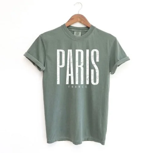Women's Simply Sage Market Paris France Distressed Short Sleeve Tee - Moss - M