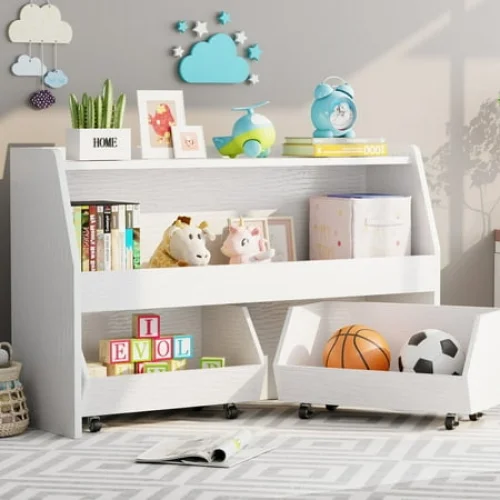 2-Tier Portable Toy Storage Organizer with 2 Removable Bins and 4 Wheels (White)