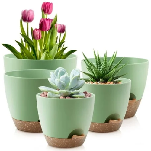 FOUKUS Set of 5 Self-Watering Plant Pots with Drainage &ndash; Eco-Friendly Plastic Planters for Indoor & Outdoor Use &ndash; Pots for Succulents, Cactus, Snake Plants (7", 6.5", 6", 5.5", 5") &ndash; Green