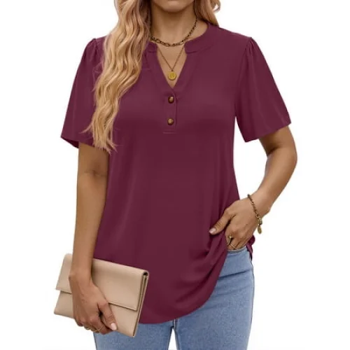 Fantaslook V Neck Henley Blouses for Women Dressy Casual Tops Summer Short Sleeve Shirts Fashion Clothes