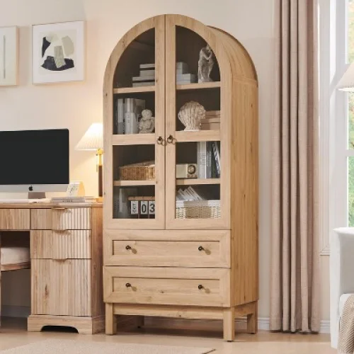 71&Prime; Tall Arched Pantry Cabinet with 2 Drawers & Adjustable Shelves & Glass Doors, Modern Farmhouse Kitchen Storage Cabinet, Natrual